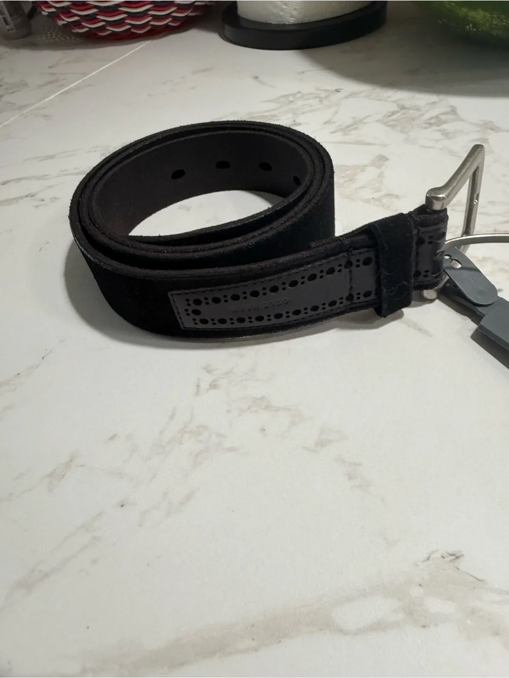 Cole Haan Black Suede Leather Belt with Perforated Panel